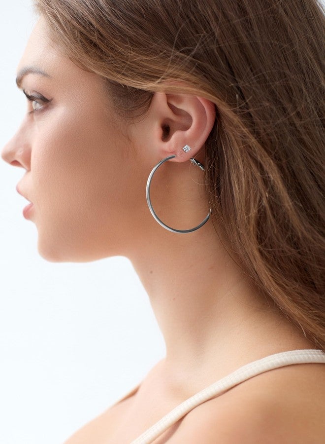 FOSIR Surgical Steel Hoop Earrings Flat Back Stud Earrings Set for Women - 6 Pairs Hypoallergenic Silver Earring Hoops and Cubic Zirconia Earrings Studs - Image 4